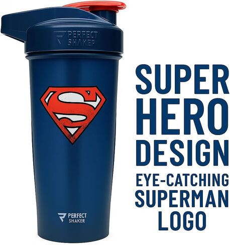 PerfectShaker ACTIV DC Comics & Justice League Series | مقاوم للتسرب، خالي من مادة BPA، مقاوم للكسر | تقنية خلط ActionRod لخلطات ناعمة | صالة الألعاب الرياضية واللياقة البدنية والرياضة - 28 أونصة سوبرمان (أزرق) in Kuwait
