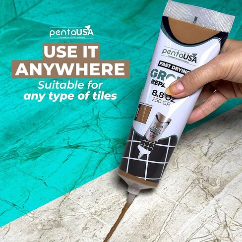 مجموعة إصلاح الجص للبلاط من PentaUSA - حشو الجص الرملي المصنوع من الأكريليك باللون البيج والبني للحمام والدش وبلاط المطبخ والبلاط ذو المظهر الخشبي، أنبوب مقاوم للماء مع أداة توزيع (8.8 أونصة / 250 جم) in Kuwait