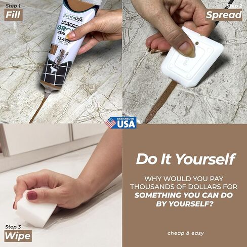 مجموعة إصلاح الجص للبلاط من PentaUSA - حشو الجص الرملي المصنوع من الأكريليك باللون البيج والبني للحمام والدش وبلاط المطبخ والبلاط ذو المظهر الخشبي، أنبوب مقاوم للماء مع أداة توزيع (8.8 أونصة / 250 جم) in Kuwait