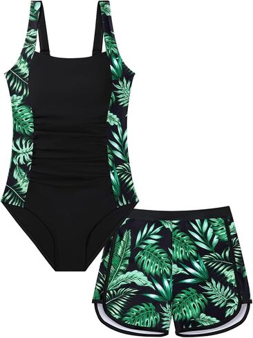 بدلة سباحة للفتيات قطعة واحدة مع شورت بطباعة استوائية وحزام قابل للتعديل للمراهقين مقاس 9-16 in Kuwait