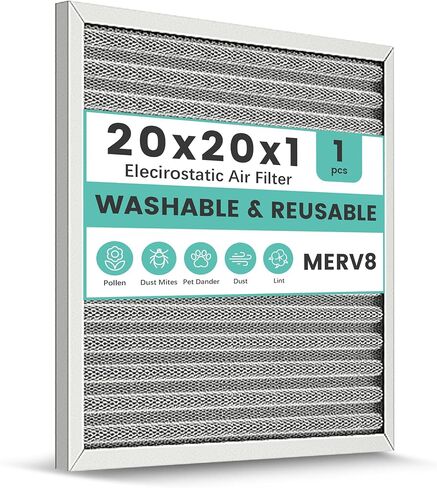 فلتر هواء فرن HVAC 20x20x1، فلتر فرن إلكتروستاتيكي قابل للغسل، MERV 8، يدوم مدى الحياة، تنفس منتعشًا، المنزل والمكتب (الحجم الفعلي: 19.75x19.75x0.82) in Kuwait