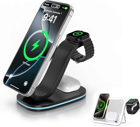 محطة شحن قابلة للطي 3 في 1 لمنتجات Apple، شاحن لاسلكي سريع ومحول وإضاءة لهاتف iPhone 15/14/13/12/11/X/XS/XR، لـ iWatch Ultra/9/8/7/6/SE/5/ 4/3،سماعات هوائية 3/2/برو/2(أبيض) in Kuwait