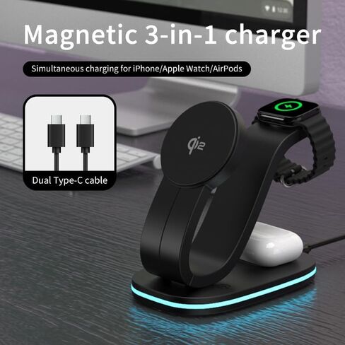 محطة شحن قابلة للطي 3 في 1 لمنتجات Apple، شاحن لاسلكي سريع ومحول وإضاءة لهاتف iPhone 15/14/13/12/11/X/XS/XR، لـ iWatch Ultra/9/8/7/6/SE/5/ 4/3،سماعات هوائية 3/2/برو/2(أبيض) in Kuwait