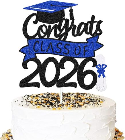 Congrats Class of 2025 Cake Topper Congrats Grad Cap Diploma Theme for High School Happy Graduation Party Supplies College Graduate Decoration (Black and Blue) in Kuwait