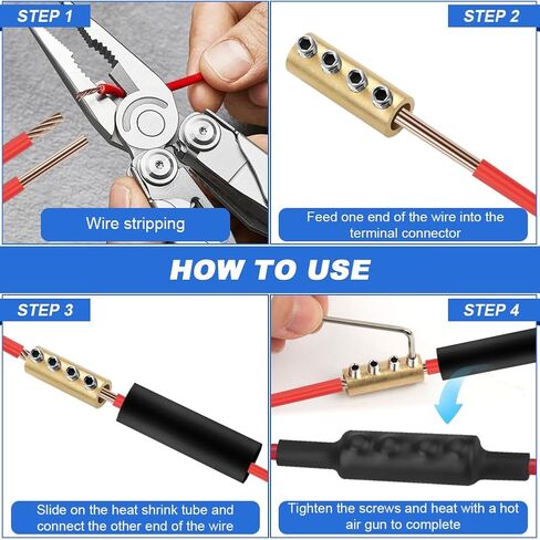 10 Pcs 6AWG Wire Connector Nut Kit, 80Amp Screw Quick Terminal with 10Pcs Heat Shrink Tubes, Splicing Quick Wire Connectors with Screws, Wrench, Circuit Brass 4-Hole in Kuwait