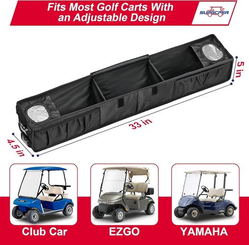 سلة تخزين أمامية لعربة الجولف، صينية تنظيم غير قابلة للحفر مع حجرة تبريد وحاملات أكواب معزولة، صينية تخزين عالمية تناسب عربات الجولف EZGO Club Car Yamaha (أسود، قماش أكسفورد 1680D) in Kuwait