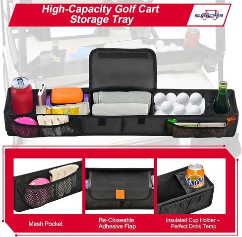 سلة تخزين أمامية لعربة الجولف، صينية تنظيم غير قابلة للحفر مع حجرة تبريد وحاملات أكواب معزولة، صينية تخزين عالمية تناسب عربات الجولف EZGO Club Car Yamaha (أسود، قماش أكسفورد 1680D) in Kuwait