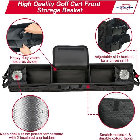 سلة تخزين أمامية لعربة الجولف، صينية تنظيم غير قابلة للحفر مع حجرة تبريد وحاملات أكواب معزولة، صينية تخزين عالمية تناسب عربات الجولف EZGO Club Car Yamaha (أسود، قماش أكسفورد 1680D) in Kuwait
