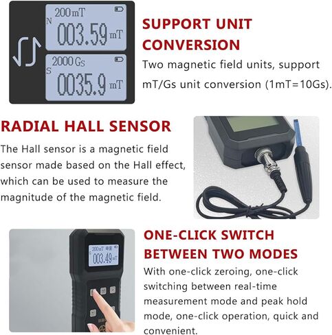 2% High-Precision Magnetic Field Tester, Handheld Digital Gauss Meter, Surface Magnetic Field Detector, 200mT/2000mT Automatic Range Switching, One-Button Zeroing, Peak Hold, for Magnets, Mechanical in Saudi Arabia