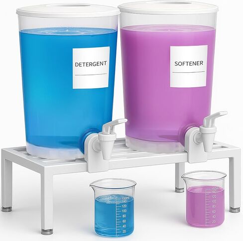 Lifewit 2-Pack Liquid Laundry Detergent Dispenser with Metal Stand, 101oz/3L Soap Dispensers with Labels, Measuring Cups, Plastic Laundry Containers with Leak-Proof Spigot for Fabric Softener, Bleach in Saudi Arabia