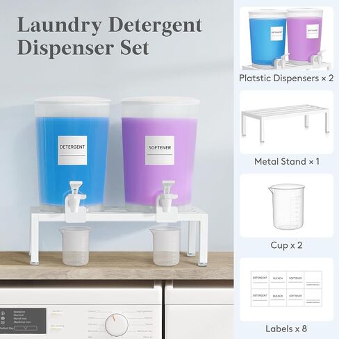 Lifewit 2-Pack Liquid Laundry Detergent Dispenser with Metal Stand, 101oz/3L Soap Dispensers with Labels, Measuring Cups, Plastic Laundry Containers with Leak-Proof Spigot for Fabric Softener, Bleach in Saudi Arabia