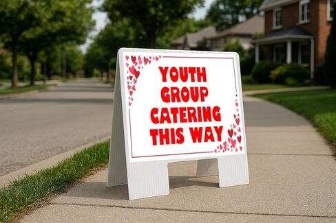 Youth Group Catering This Way Red Frame With Hearts Up Arrows A-Frame Single Sided 23x23 in. sign in Kuwait