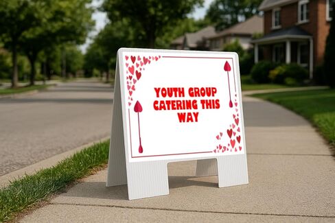 Youth Group Catering This Way Red Frame With Hearts Up Arrows A-Frame Single Sided 23x23 in. sign in Saudi Arabia