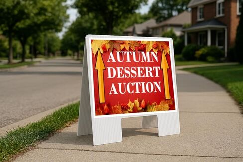 Autumn Dessert Auction Autumn Frame Colorful Maple Leaves On Red Background Up Arrows A-Frame Single Sided 23x23 in. sign in Kuwait