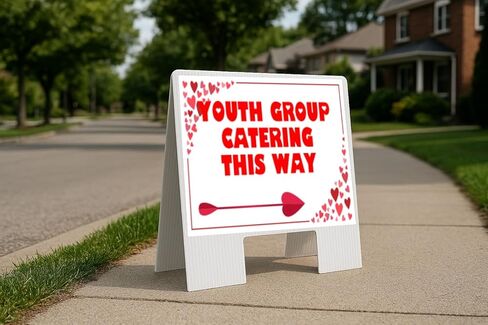 Youth Group Catering This Way Red Frame With Hearts Directional Arrows A-Frame Double Sided 23x23 in. sign in Kuwait