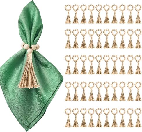 50 Pack Farmhouse Rustic Napkin Rings with Tassel Wood Bead Rings for Table Decor Boho Wedding Party Dining Spring Banquet in Saudi Arabia