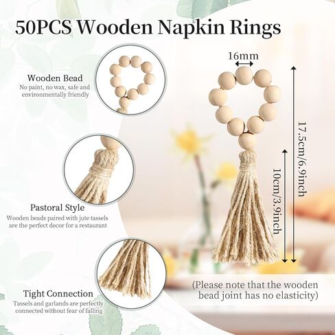 50 Pack Farmhouse Rustic Napkin Rings with Tassel Wood Bead Rings for Table Decor Boho Wedding Party Dining Spring Banquet in Saudi Arabia