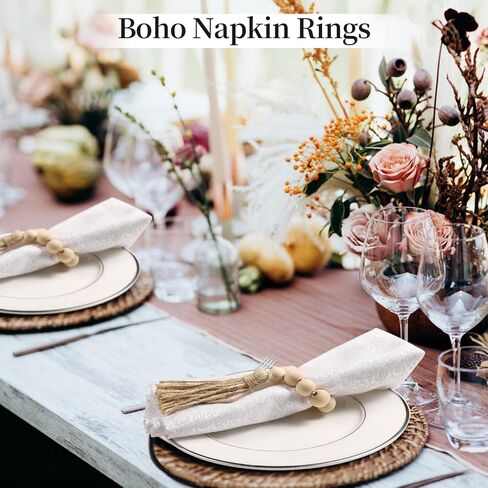 50 Pack Farmhouse Rustic Napkin Rings with Tassel Wood Bead Rings for Table Decor Boho Wedding Party Dining Spring Banquet in Saudi Arabia