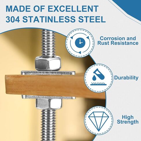 PATIKIL 2 قطعة قضيب ملولب بالكامل، M8 × 300 مم 304 من الفولاذ المقاوم للصدأ لليد اليمنى شريط خيط طويل مع غسالات مربعة للمكسرات للأنابيب والمشابك والشماعات على شكل حرف U in Saudi Arabia