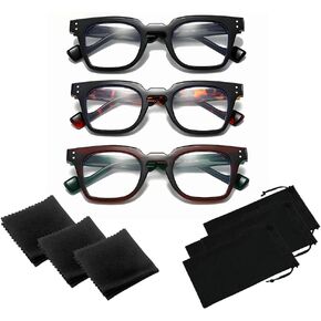 3 Pack Blue Light Blocking Reading Glasses for Men Women, Square Computer Readers Spring Hinge, 3 Pouches & 3 Cloths in Saudi Arabia