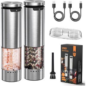 VOXON Update Electric Salt and Pepper Grinder Set Rechargeable Stainless Steel, LED Light, 100ML Capacity, 5 Levels Adjustable Coarseness, Automatic Salt and Pepper Grinder Set One Handed Operation in Kuwait