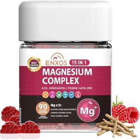 15-in-1 Magnesium Complex Gummies 350 mg/Serv with Ashwagandha Root,Vitamin D3,L-Theanine,Zinc Gluconate,CoQ10, Stress Relief Glycinate Gummy, Sugar Free Chews Supplement for Adults Sleep (Raspberry) in Kuwait