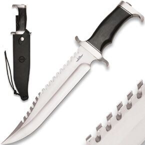 سكين GIL HIBBEN Extreme Survival Bowie مع غمد حزام جلدي - شفرة منشار من الفولاذ المقاوم للصدأ 7Cr17، واقي يدوي ضخم وبوميل، مقبض من Pakkawood، خذ إلى البرية - الطول 15 بوصة in Kuwait