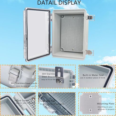 صندوق توصيل مقاوم للماء، صندوق كهربائي من بلاستيك ABS مع مزلاج من الفولاذ المقاوم للصدأ، صندوق حاوية مشروع كهربائي بغطاء مفصلي مع لوحة تثبيت، دعامات جدارية ووصلة كابل 8.7 بوصة × 6.7 بوصة × 4.3 بوصة in Kuwait