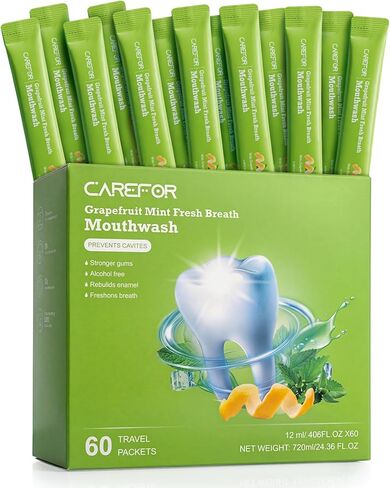 عبوات غسول الفم بحجم السفر - صغيرة فردية، خالية من الكحول والفلورايد، نكهة الجريب فروت والنعناع، ​​غسول الفم للاستمتاع بالانتعاش أثناء التنقل، عبوات كبيرة الحجم 0.41 أونصة سائلة (عبوة من 20 قطعة) in Kuwait