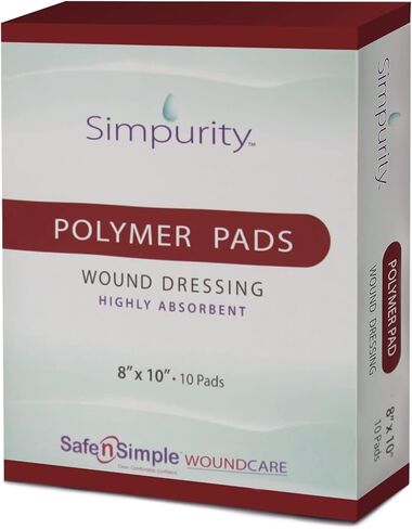 ضمادة جروح بوليمر فائقة الامتصاص من Simpurity - وسادات سميكة فردية مقاس 8 × 10 بوصة - لوازم تضميد الجروح - ضمادة بوليمر ذات حدود للعناية بالجروح in Kuwait