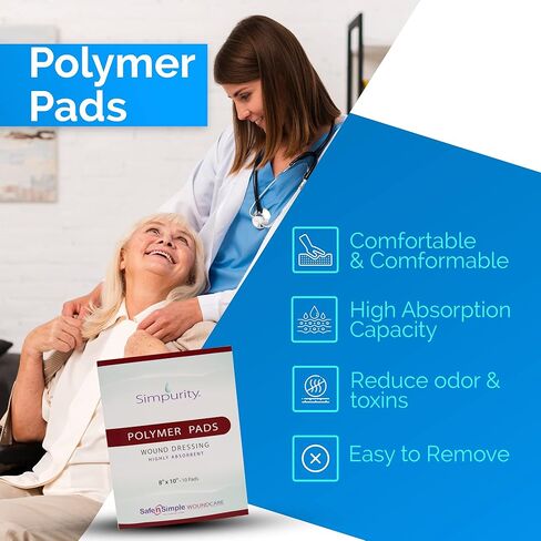 ضمادة جروح بوليمر فائقة الامتصاص من Simpurity - وسادات سميكة فردية مقاس 8 × 10 بوصة - لوازم تضميد الجروح - ضمادة بوليمر ذات حدود للعناية بالجروح in Kuwait