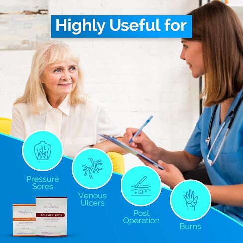 ضمادة جروح بوليمر فائقة الامتصاص من Simpurity - وسادات سميكة فردية مقاس 8 × 10 بوصة - لوازم تضميد الجروح - ضمادة بوليمر ذات حدود للعناية بالجروح in Kuwait