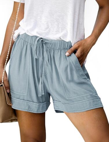 شورت نسائي برباط، شورت بخصر مطاطي، سروال قصير من القطن للصيف والشاطئ مع جيوب in Kuwait