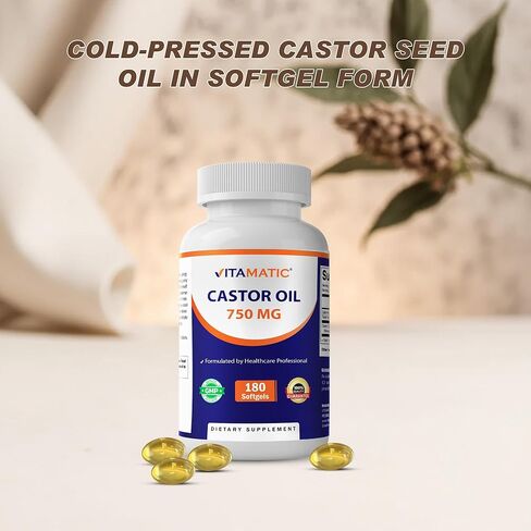 Vitamatic Castor Oil Softgels 750 mg | Cold Pressed | 180 Softgels | Easy-to-Swallow in Saudi Arabia