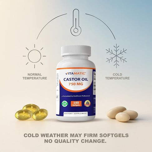 Vitamatic Castor Oil Softgels 750 mg | Cold Pressed | 180 Softgels | Easy-to-Swallow in Saudi Arabia