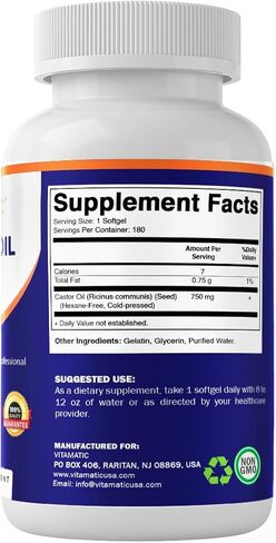 Vitamatic Castor Oil Softgels 750 mg | Cold Pressed | 180 Softgels | Easy-to-Swallow in Saudi Arabia