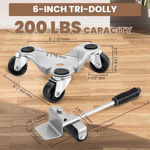 5 Pack 6 Inch Steel Tri-Dolly with Lifter Set, 200 lbs Load Capacity Mover's Dolly, 3-Wheel Furniture Moving Wheels for Easy Moving Cabinet Furniture and Appliances (Silvery) in Saudi Arabia