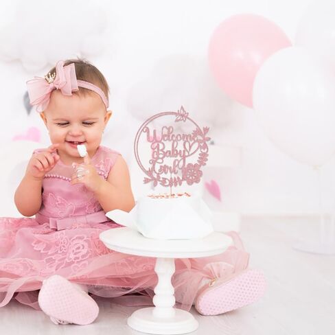 Welcome Baby Girl Cake Topper-Rose Gold Glitter circular Girl Cake Topper, for Baby Shower/Birthday Party/Gender Reveal Party Photo Booth Props in Saudi Arabia