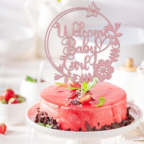 Welcome Baby Girl Cake Topper-Rose Gold Glitter circular Girl Cake Topper, for Baby Shower/Birthday Party/Gender Reveal Party Photo Booth Props in Saudi Arabia