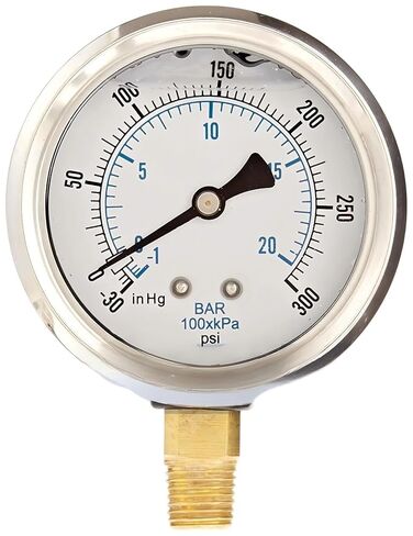 1/4" NPT Lower Mount Liquid Filled Pressure Gauge with 2.5" Dial - -30-300 PSI - for Commercial or Industrial Hydraulic & Pneumatic Systems - Compressor Pressure Gauge Replacement in Saudi Arabia
