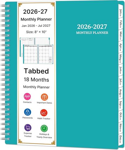 2026-2027 Monthly Planner, 18 Monthly Calendar Planner, January 2026 - June 2027, 8’’ x 10’’, 2026 Spiral Agenda with Tabs ＆Pocket, Flexible Cover, Organizer Notebook for Office Home School, Flowers in Saudi Arabia