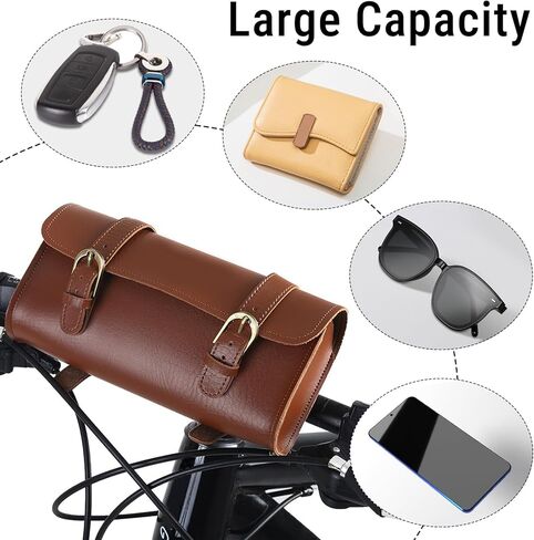 Bike Handlebar Leather Bags, Water Proof Wearproof Retro Style Artificial Leather Bicycle Front Frame Bag Bike Pouch Cycling Accessory for Bicycle in Saudi Arabia