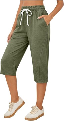 Womens Capri Stretch Elastic Waist Casual Wide Straight Leg Pull on Loose Summer with Pockets Drawstring in Saudi Arabia