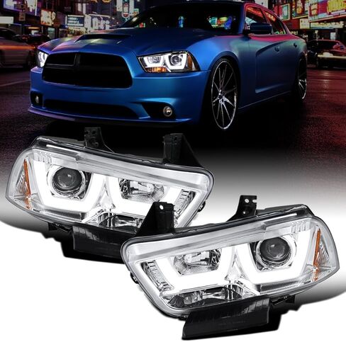 Ronnin - يناسب 2011-2014 Dodge Charger زوج تجميع المصابيح الأمامية لجهاز العرض الهالوجين LED على شكل حرف U المُحسن | الدخان الأسود in Kuwait