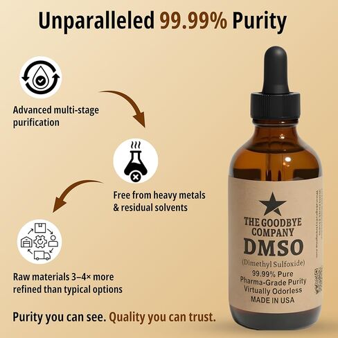 The Goodbye Company DMSO - مذيب ثنائي ميثيل سلفوكسيد النقي بنسبة 99.99% - نقاء بدرجة مختبرية دولية، عديم الرائحة تقريبًا - دفعات صغيرة مصنوعة يدويًا - زجاجة من زجاج الكهرمان بوزن 4.25 أونصة مع قطارة in Saudi Arabia