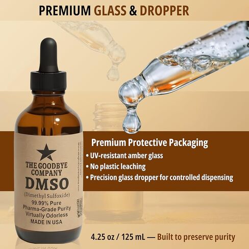 The Goodbye Company DMSO - مذيب ثنائي ميثيل سلفوكسيد النقي بنسبة 99.99% - نقاء بدرجة مختبرية دولية، عديم الرائحة تقريبًا - دفعات صغيرة مصنوعة يدويًا - زجاجة من زجاج الكهرمان بوزن 4.25 أونصة مع قطارة in Saudi Arabia