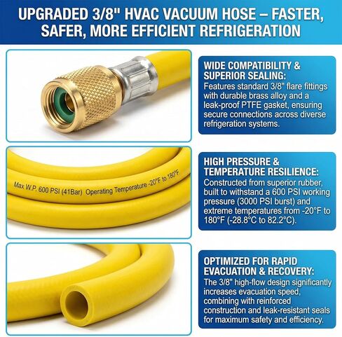 MEANLIN MEASURE Yellow 3/8" Flare HVAC Vacuum Hose, 72" Refrigerant Charging Hose with Brass Fittings for Air Conditioning, Refrigeration, and HVAC Maintenance, 600Psi Working Pressure in Saudi Arabia