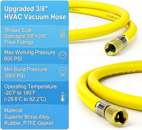 MEANLIN MEASURE Yellow 3/8" Flare HVAC Vacuum Hose, 72" Refrigerant Charging Hose with Brass Fittings for Air Conditioning, Refrigeration, and HVAC Maintenance, 600Psi Working Pressure in Saudi Arabia