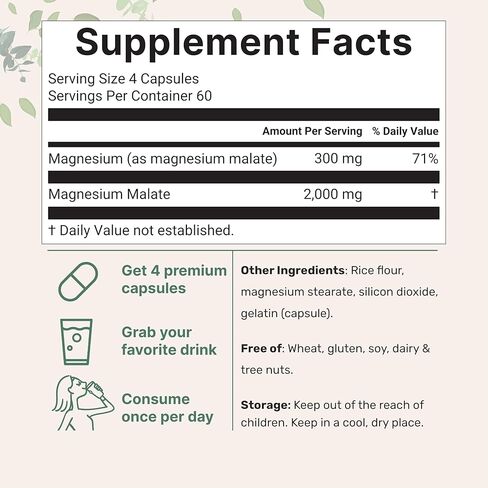 Magnesium Malate 2,000mg, 240 Capsules | Magnesium Supplement with Elemental Form | Chelated Mineral Supplements | Non-GMO, Gluten Free in Saudi Arabia