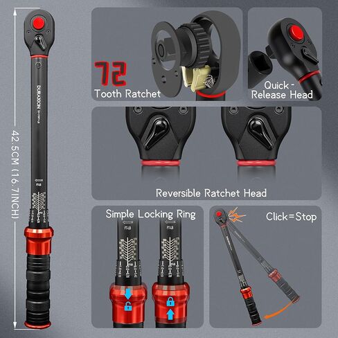 مفتاح عزم دوران محرك 1/2 بوصة 10-170 قدم.رطل/13.6-230.5 نيوتن متر، ± 3% مفاتيح عزم دوران مزدوجة الاتجاه بدقة مع موازين مزدوجة النطاق 72 سنًا in Kuwait